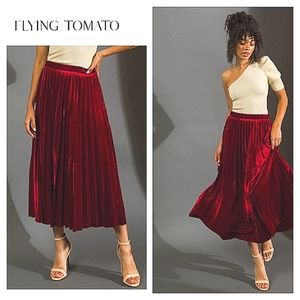 Red Pleated Midi Skirt Crushed Velvet A. Calin by Flying Tomato